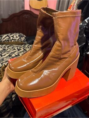 ASOS Brown Glossy Platform Block Heel Ankle Boots